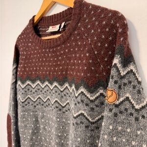 Men’s Fjallraven Ovik Knit Sweater Brown and Gray Wool Crewneck Size XL